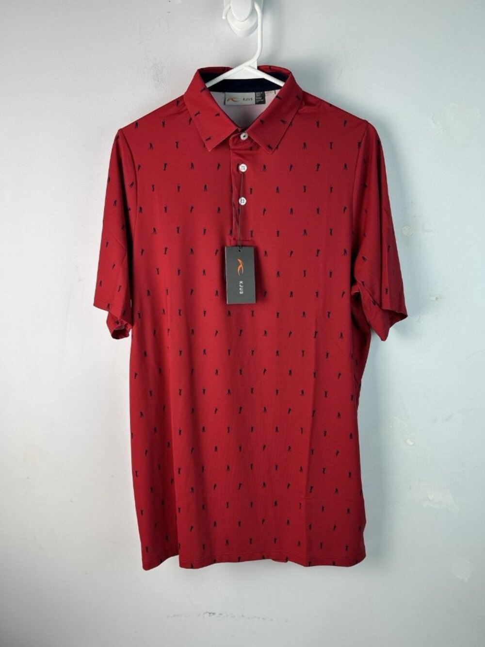 KJUS Men’s Red/Blue Collared Short Sleeve Polo, Size 50, UPF 50+ M Golfer Print